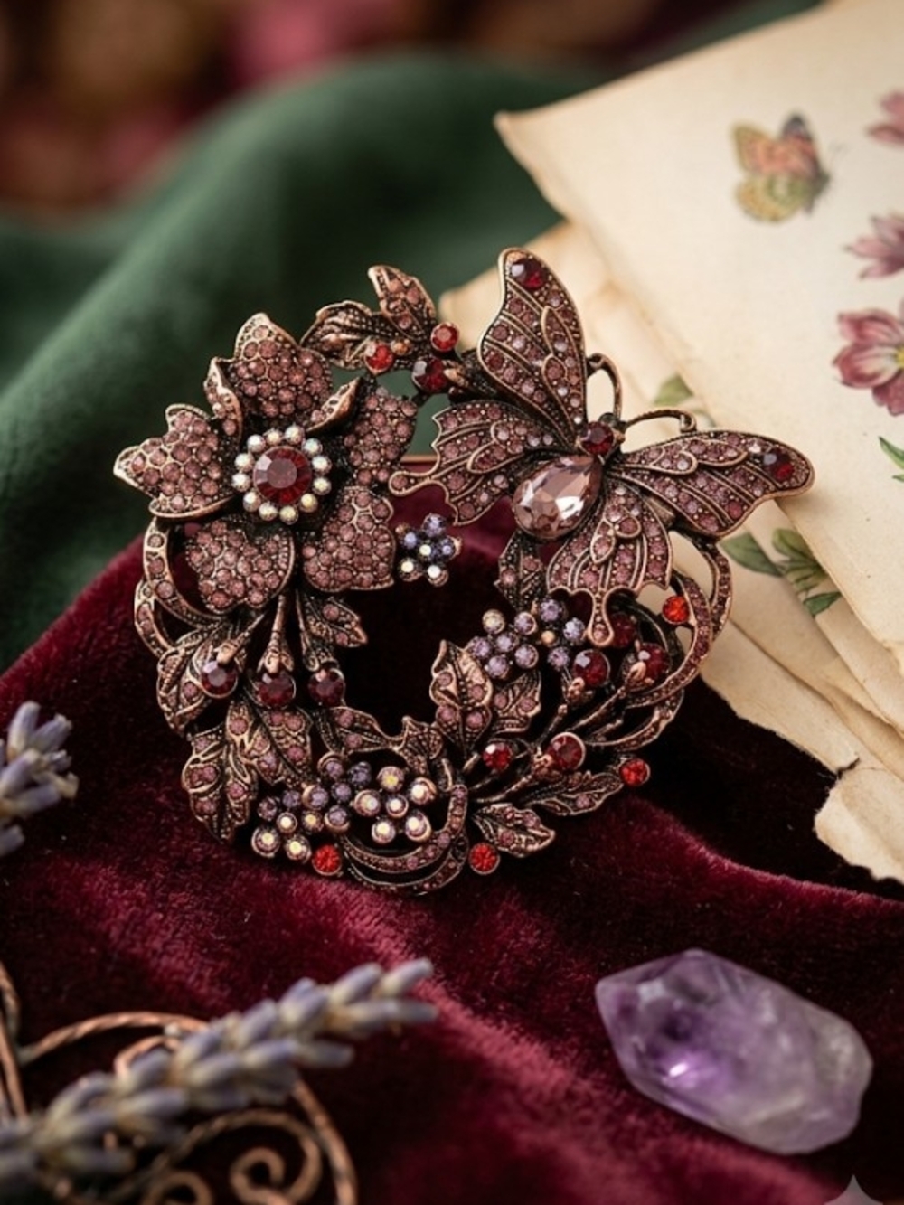 Vintage-Inspired Floral Butterfly Brooch -